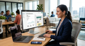 Digital marketing strategies for startups showing a professional reviewing website analytics and marketing reports.