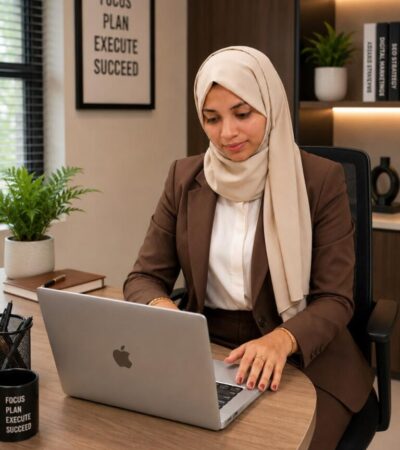 Sufana Shamil, digital marketing strategist, working on a laptop in a modern office environment.